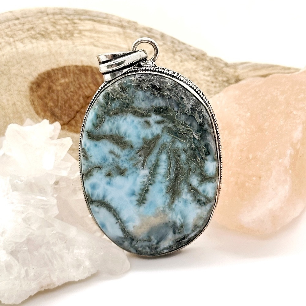 HUGE Larimar Natural Silver Healing Gemstone Crystal Necklace